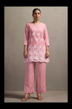 Women's Pink Pure Cotton Schiffli Embroidered Straight Co-Ord Set