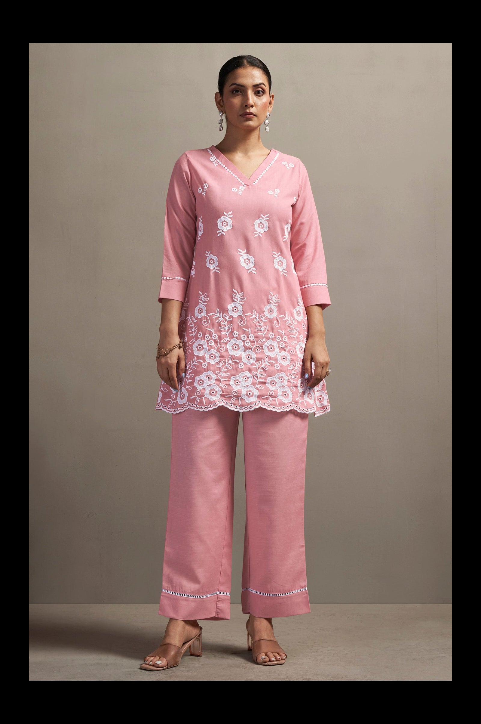 Women's Pink Pure Cotton Schiffli Embroidered Straight Co-Ord Set