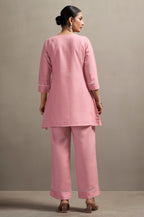 Women's Pink Pure Cotton Schiffli Embroidered Straight Co-Ord Set