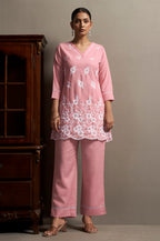 Women's Pink Pure Cotton Schiffli Embroidered Straight Co-Ord Set