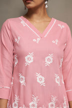 Women's Pink Pure Cotton Schiffli Embroidered Straight Co-Ord Set