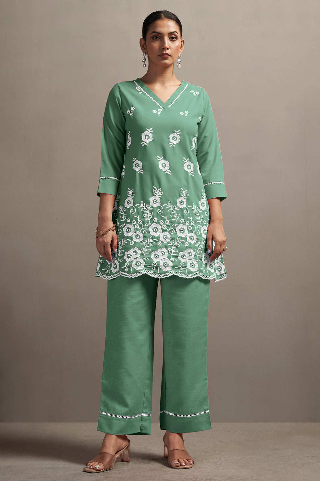 Women's Pink Pure Cotton Schiffli Embroidered Straight Co-Ord Set