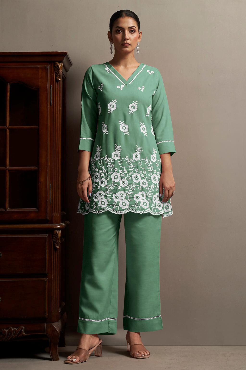 Women's Pink Pure Cotton Schiffli Embroidered Straight Co-Ord Set