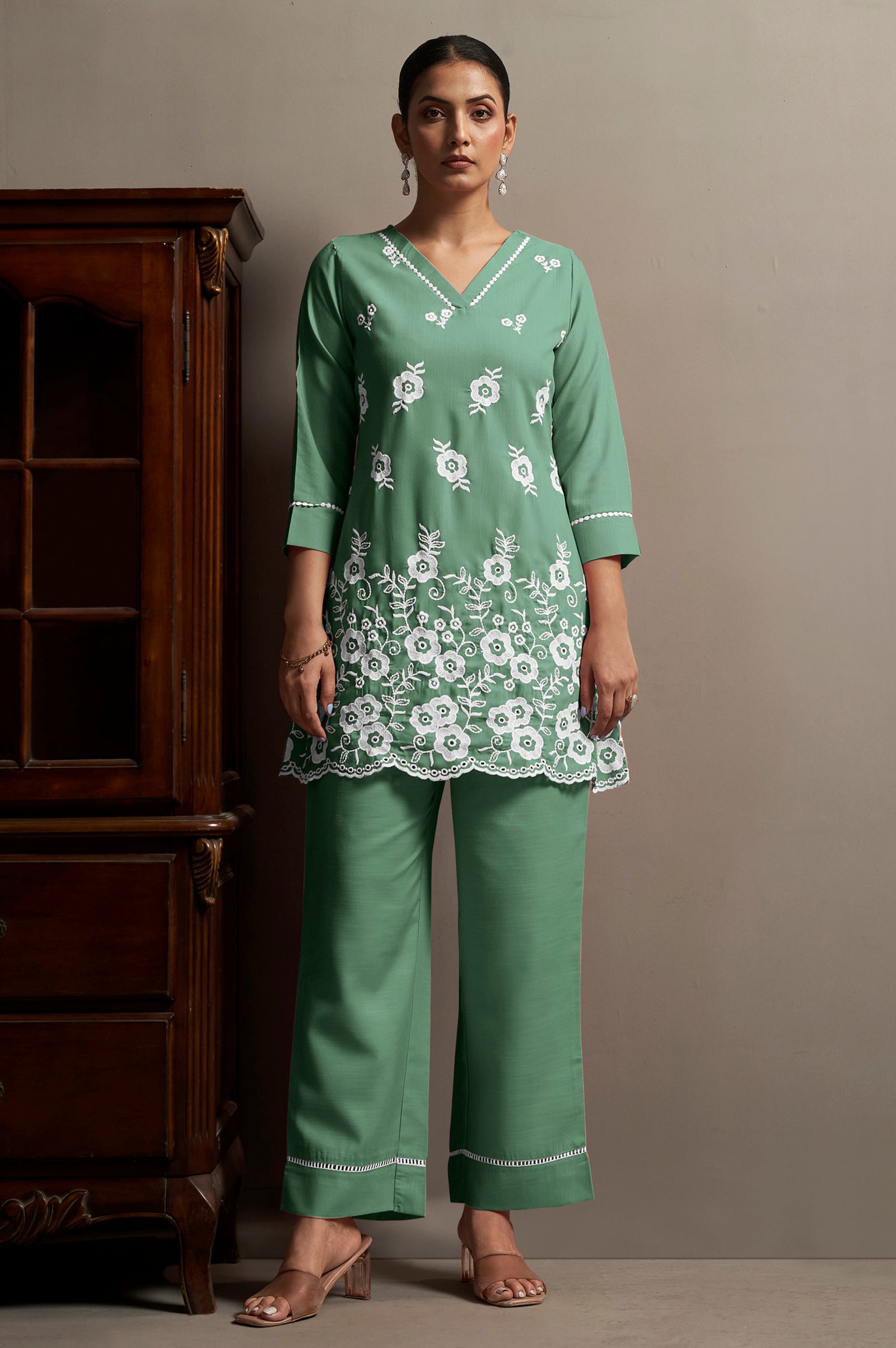 Women's Pink Pure Cotton Schiffli Embroidered Straight Co-Ord Set
