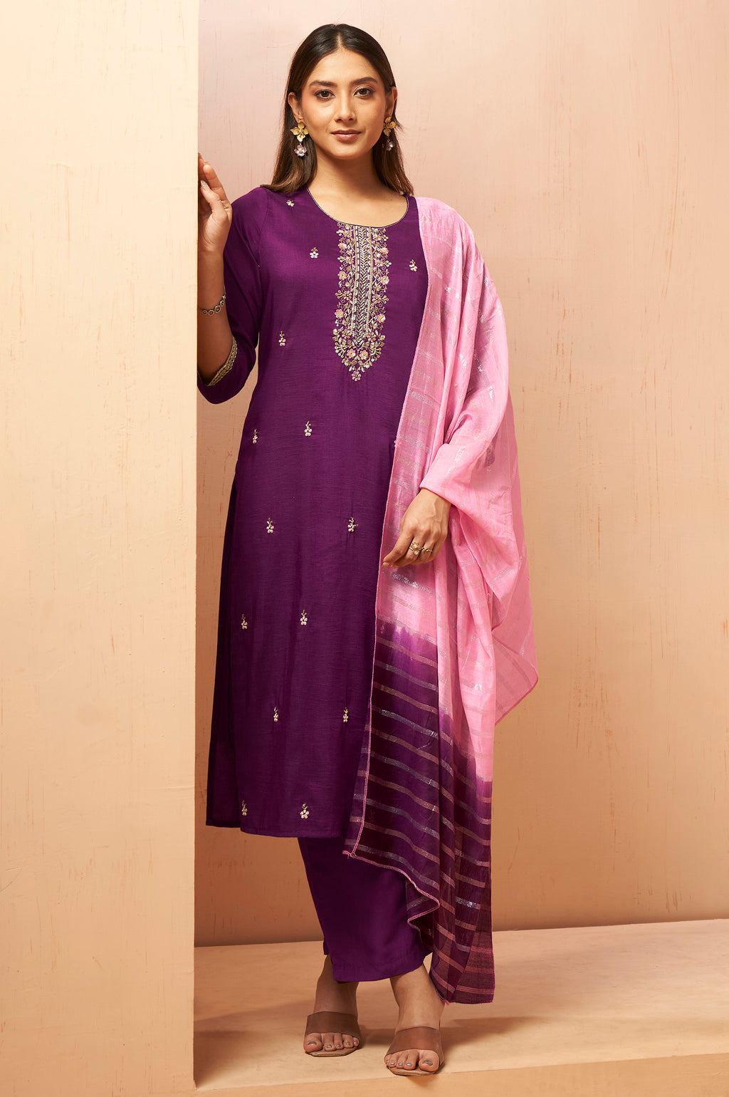 Women's Red Embroidered Chinnon Kurta Set
