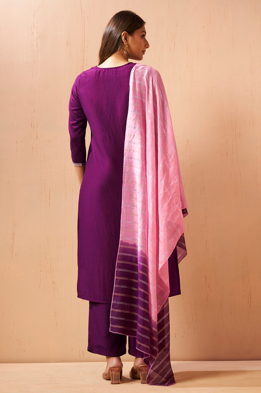 Women's Red Embroidered Chinnon Kurta Set