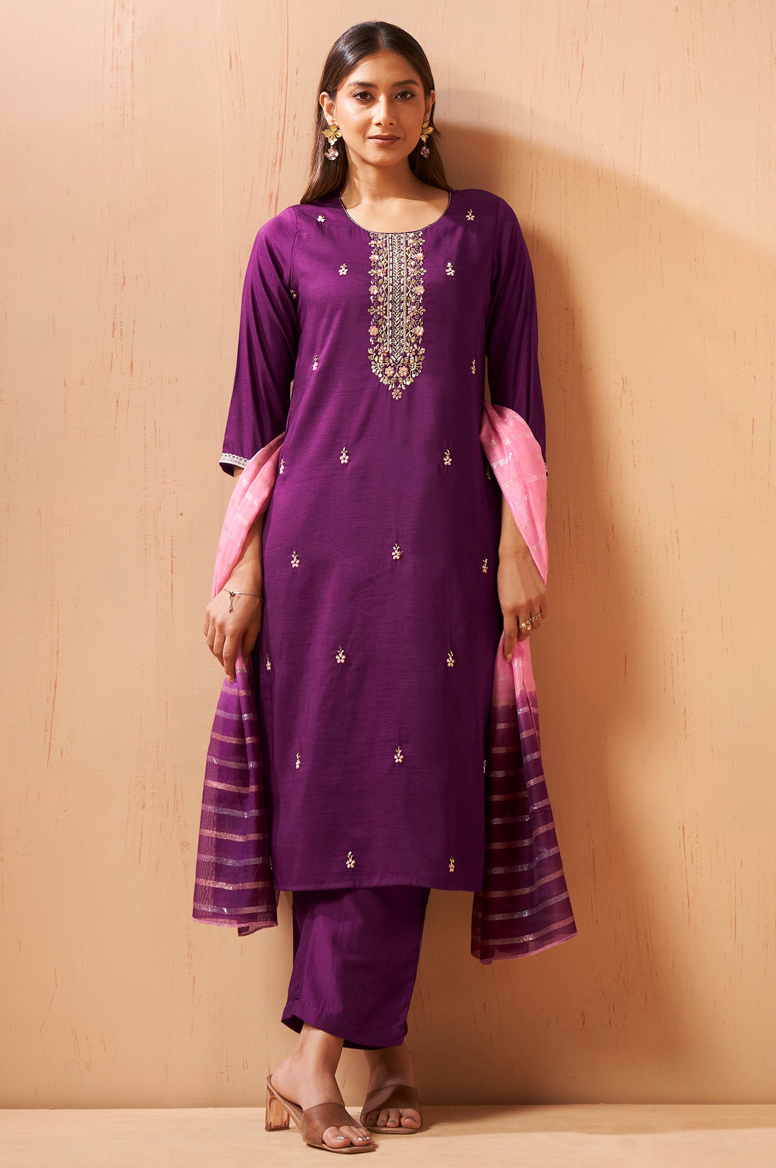 Women's Red Embroidered Chinnon Kurta Set