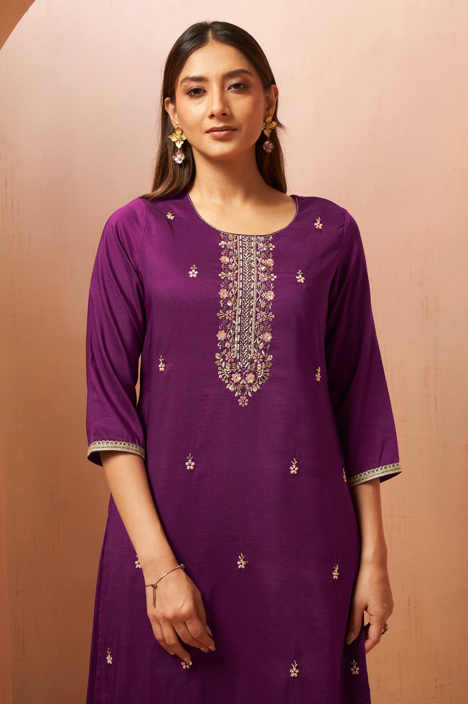 Women's Red Embroidered Chinnon Kurta Set