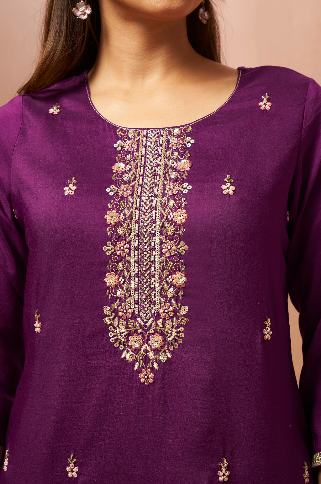 Women's Red Embroidered Chinnon Kurta Set