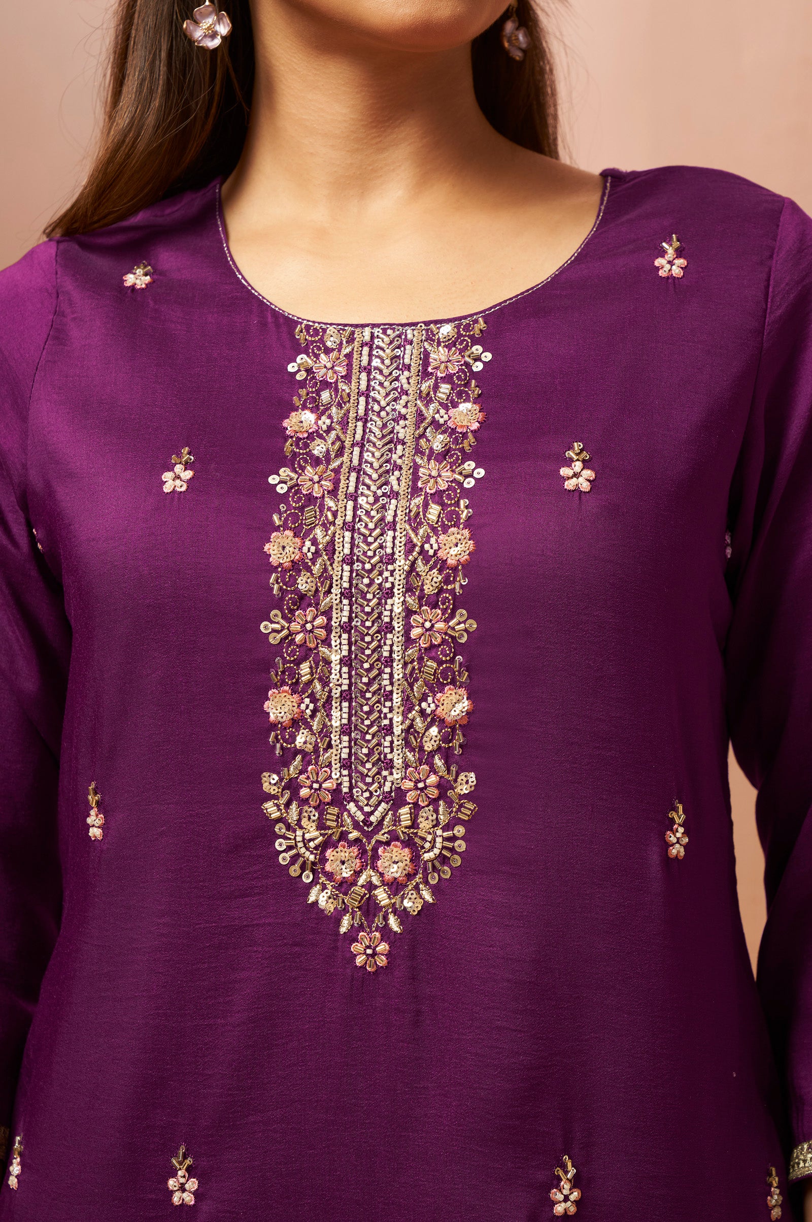 Women's Red Embroidered Chinnon Kurta Set