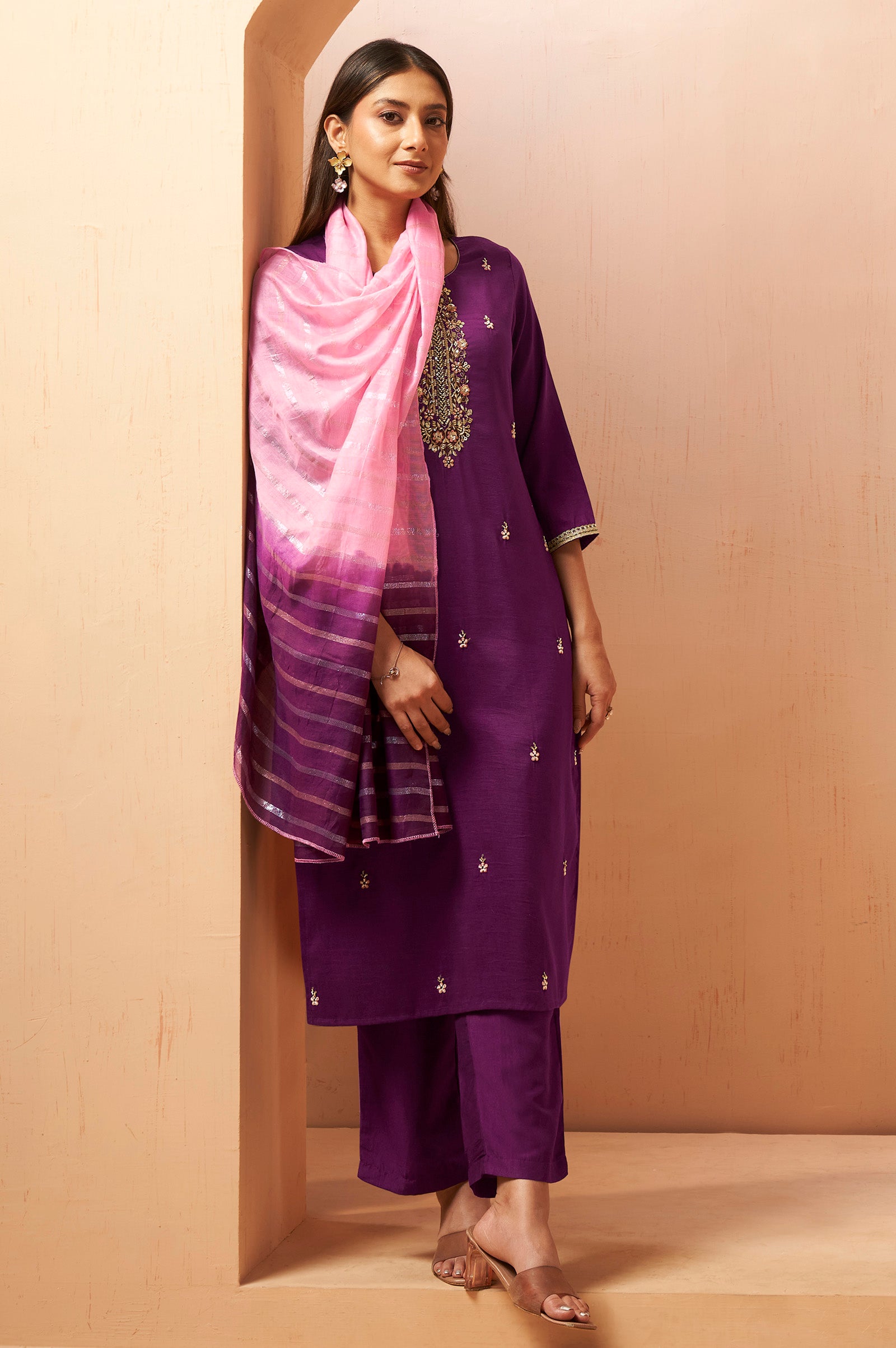 Women's Red Embroidered Chinnon Kurta Set