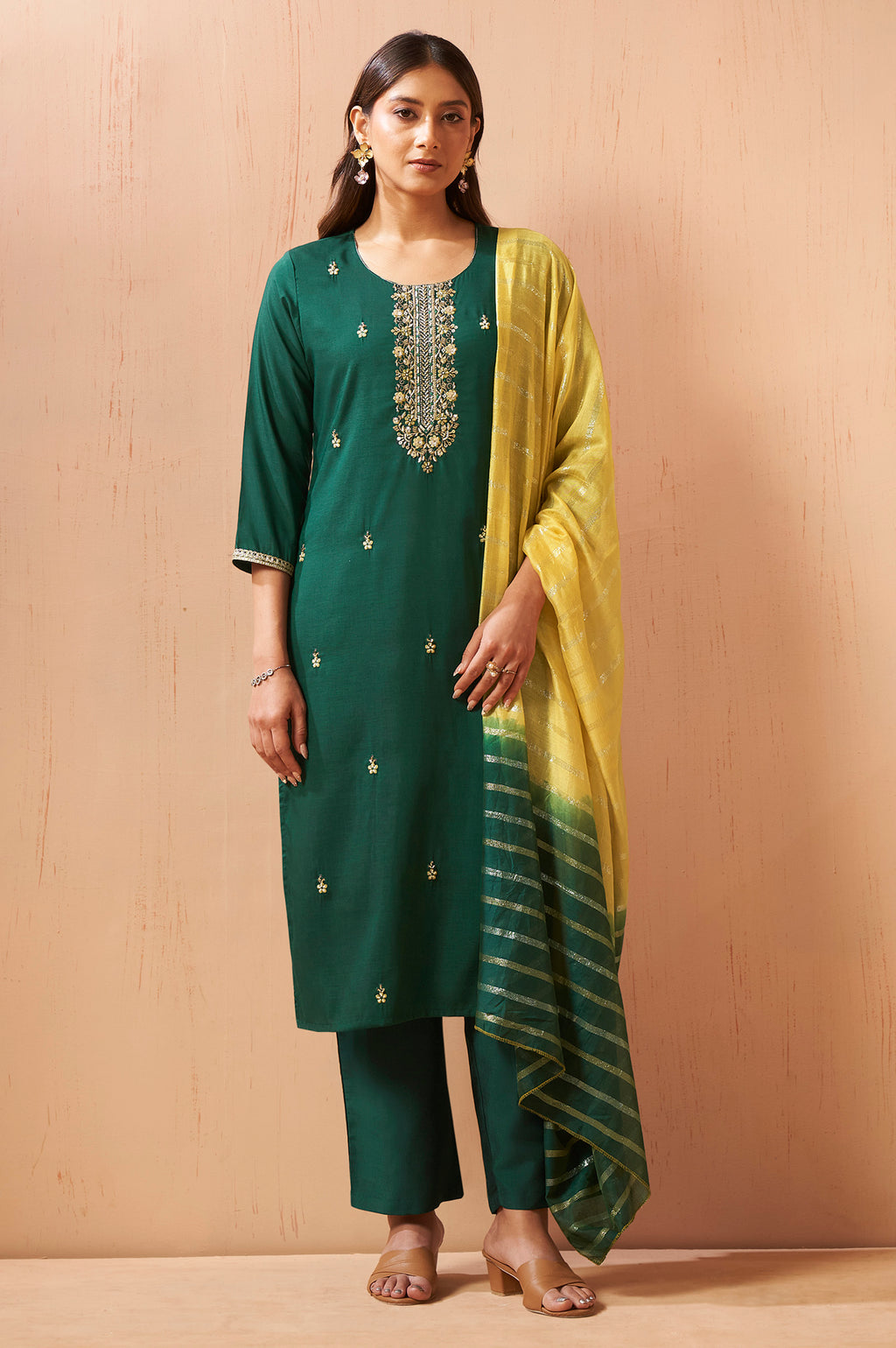 Women's Red Embroidered Chinnon Kurta Set