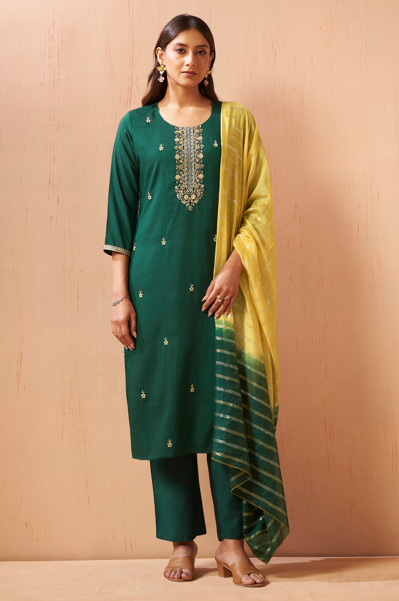 Women's Red Embroidered Chinnon Kurta Set