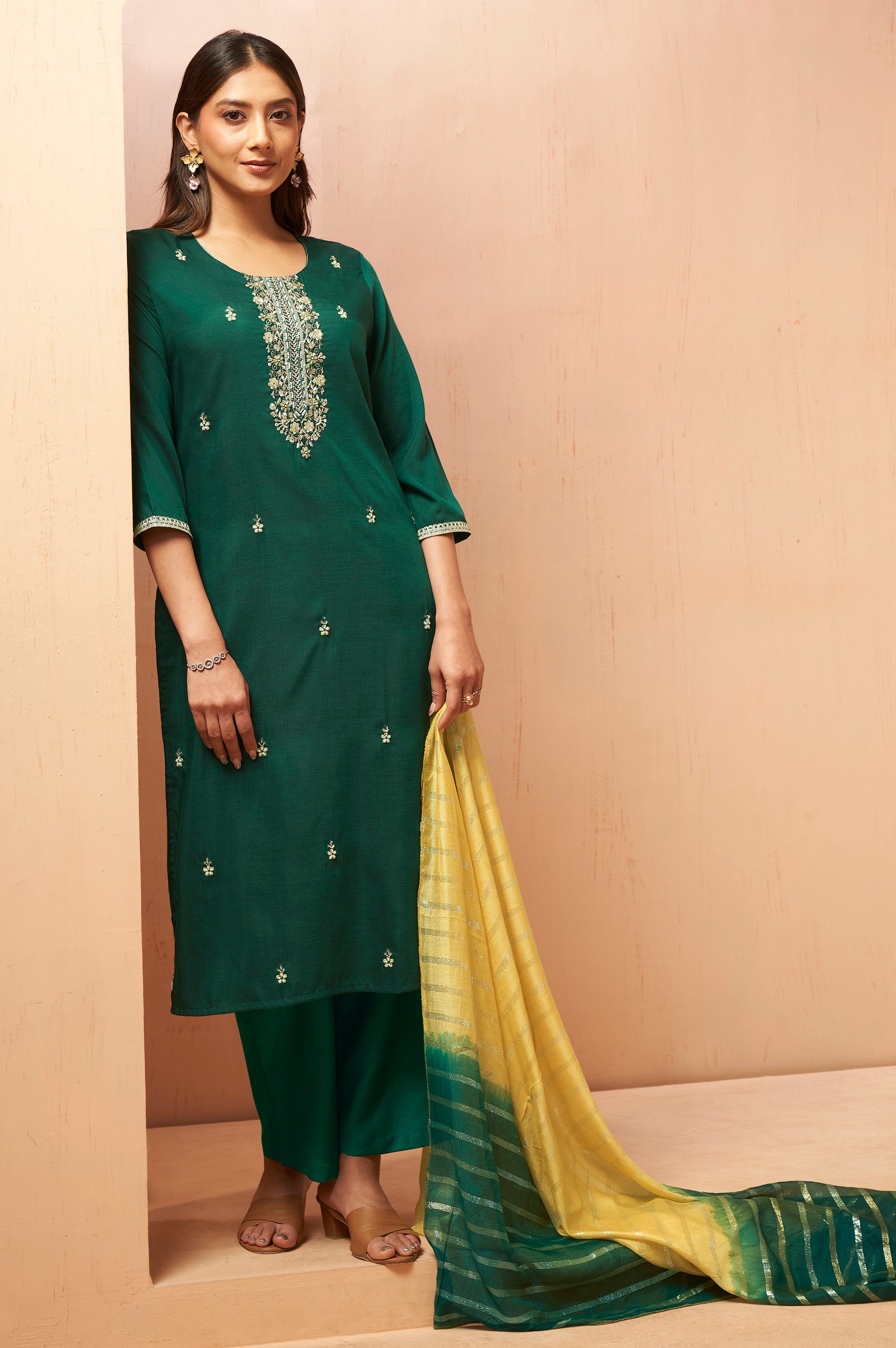 Women's Red Embroidered Chinnon Kurta Set