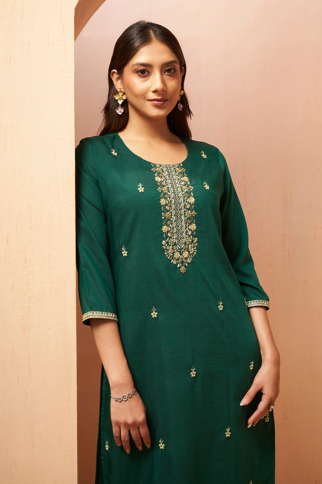 Women's Red Embroidered Chinnon Kurta Set