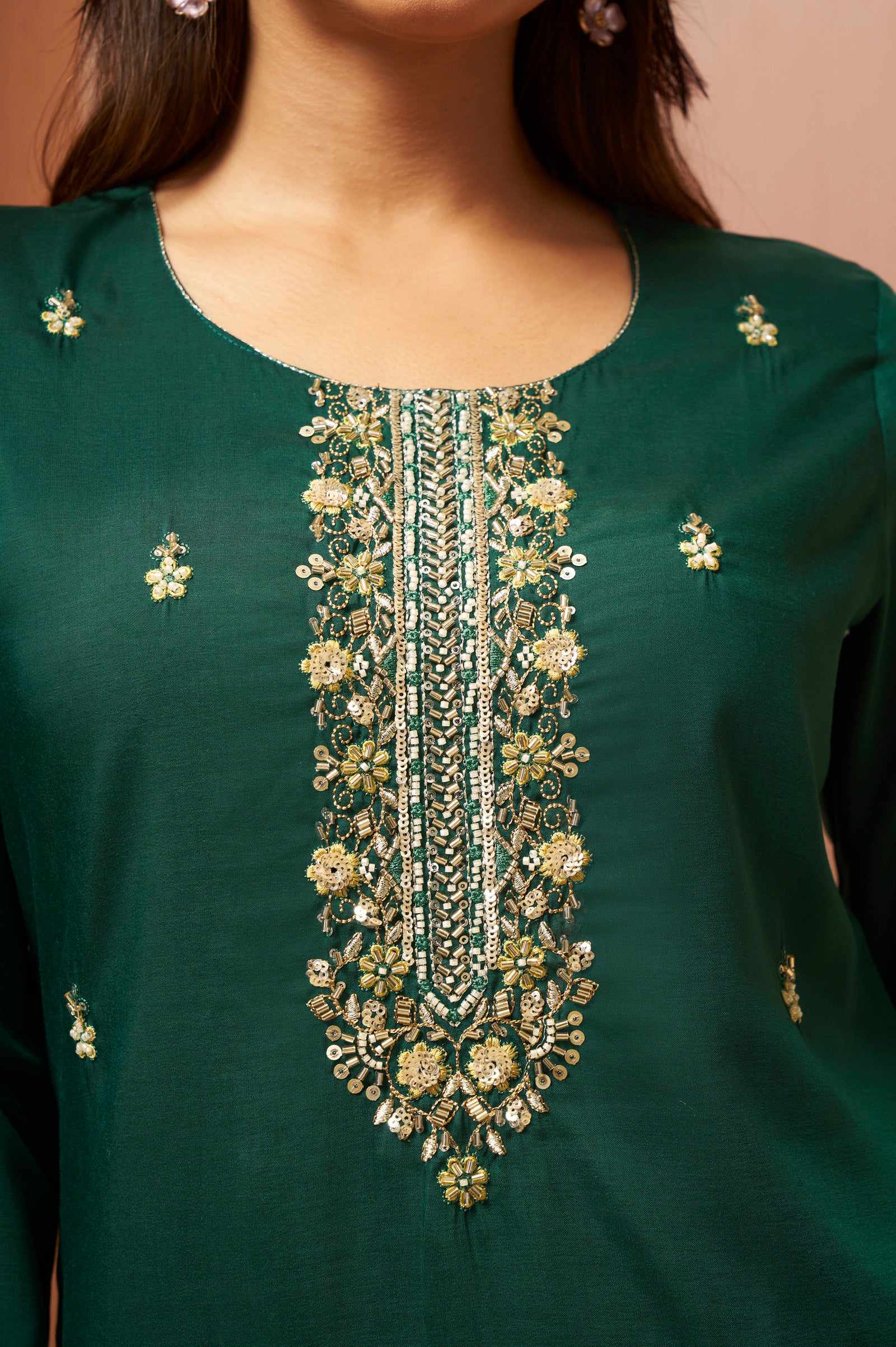 Women's Red Embroidered Chinnon Kurta Set
