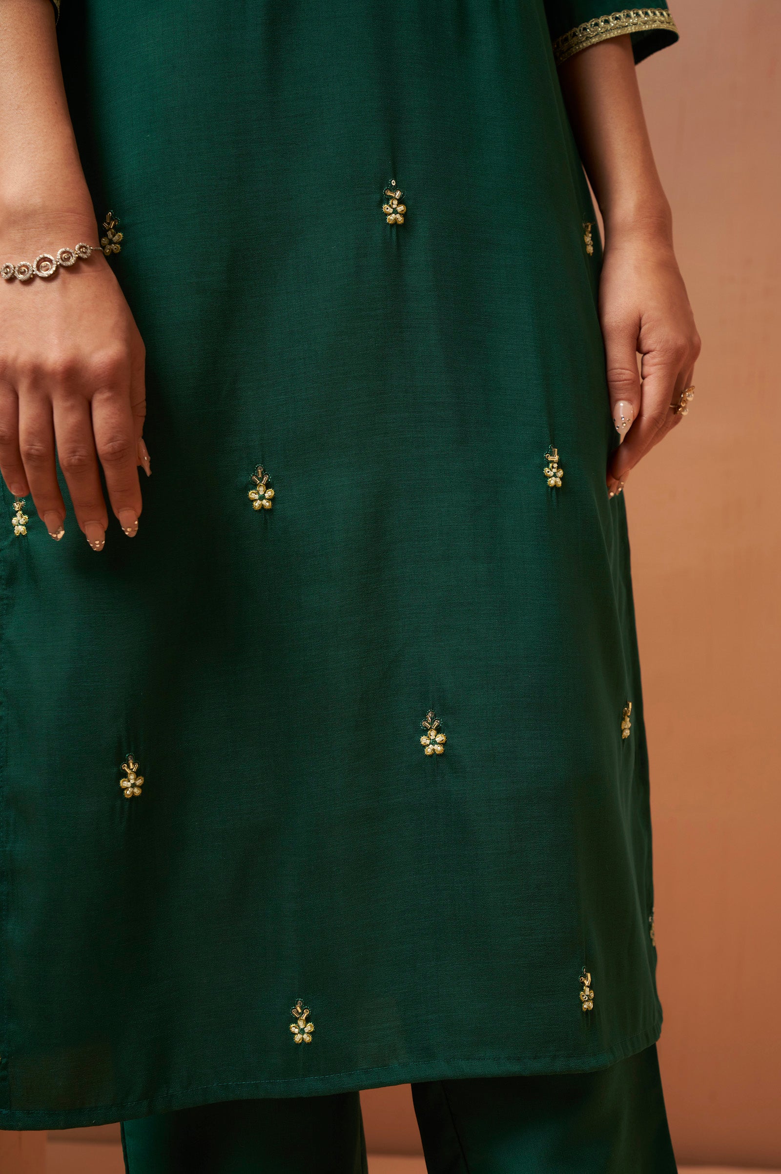 Women's Red Embroidered Chinnon Kurta Set