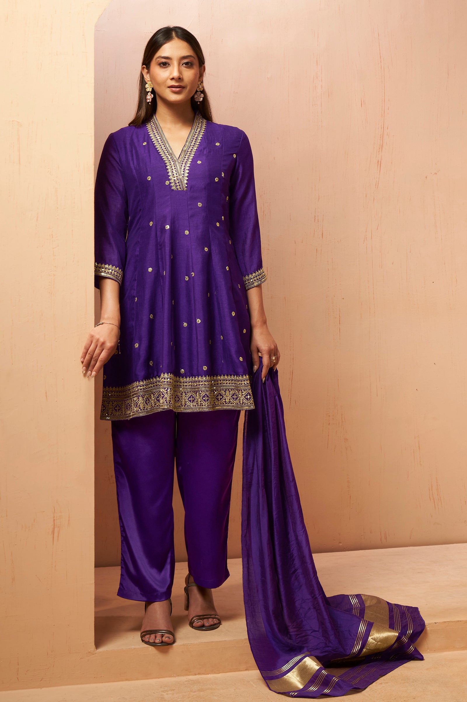 Women's Red Embroidered Vichitra Silk Kurta Set