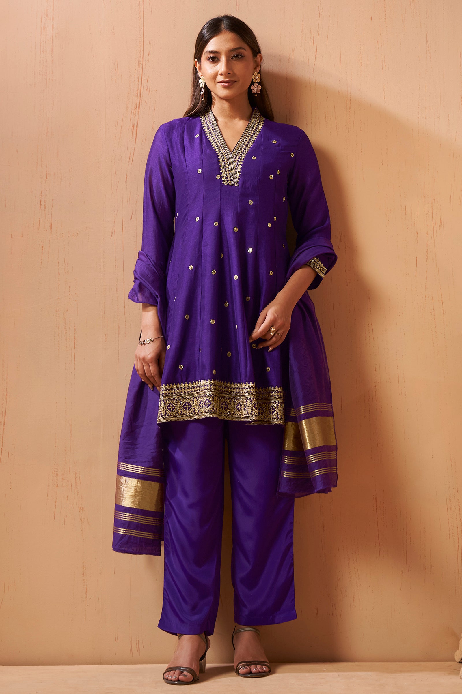 Women's Red Embroidered Vichitra Silk Kurta Set