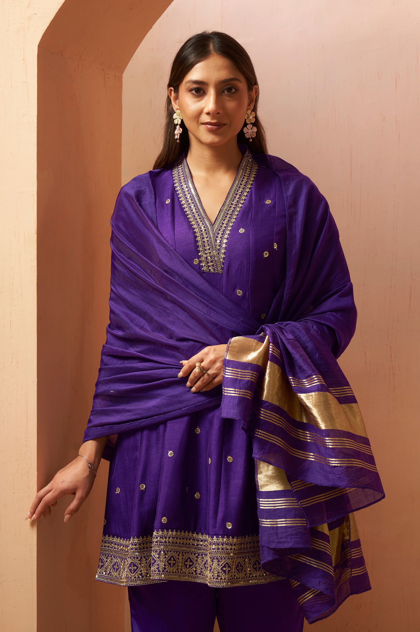 Women's Red Embroidered Vichitra Silk Kurta Set