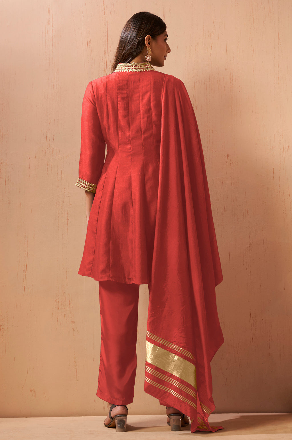 Women's Red Embroidered Vichitra Silk Kurta Set