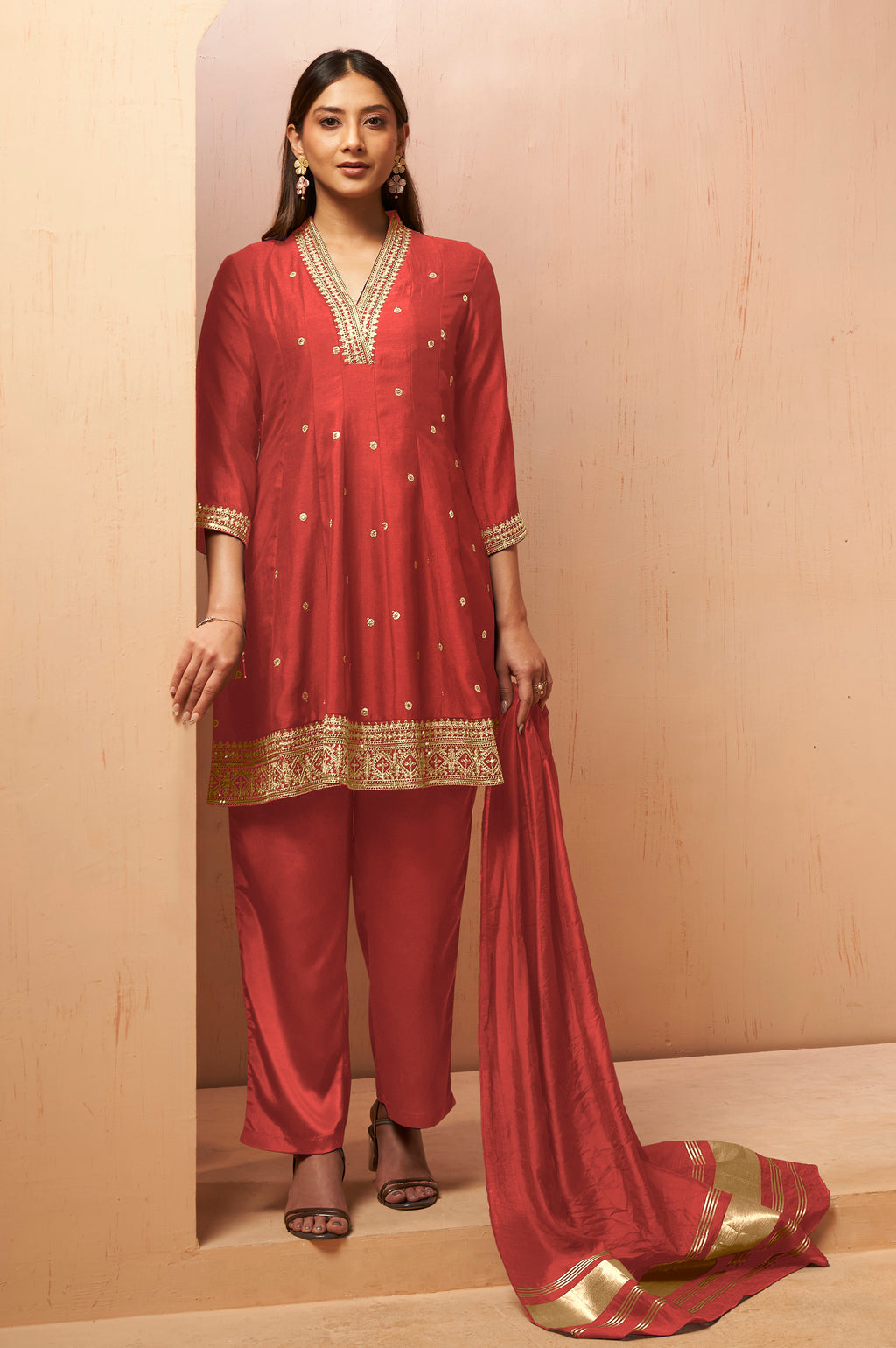 Women's Red Embroidered Vichitra Silk Kurta Set