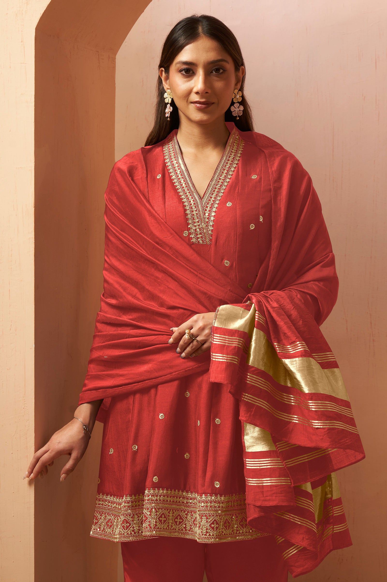 Women's Red Embroidered Vichitra Silk Kurta Set