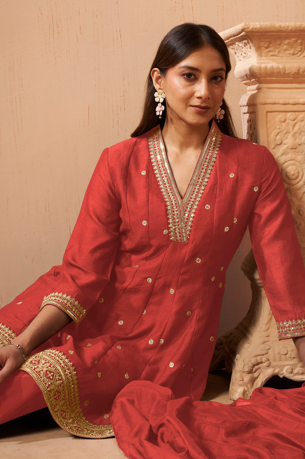 Women's Red Embroidered Vichitra Silk Kurta Set