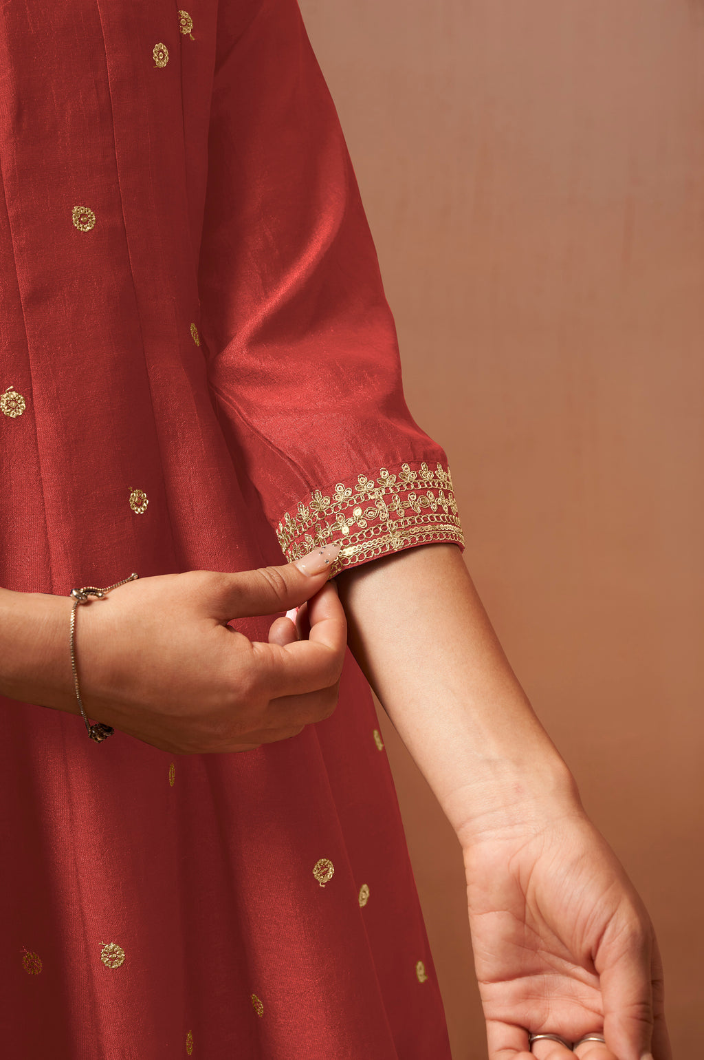 Women's Red Embroidered Vichitra Silk Kurta Set