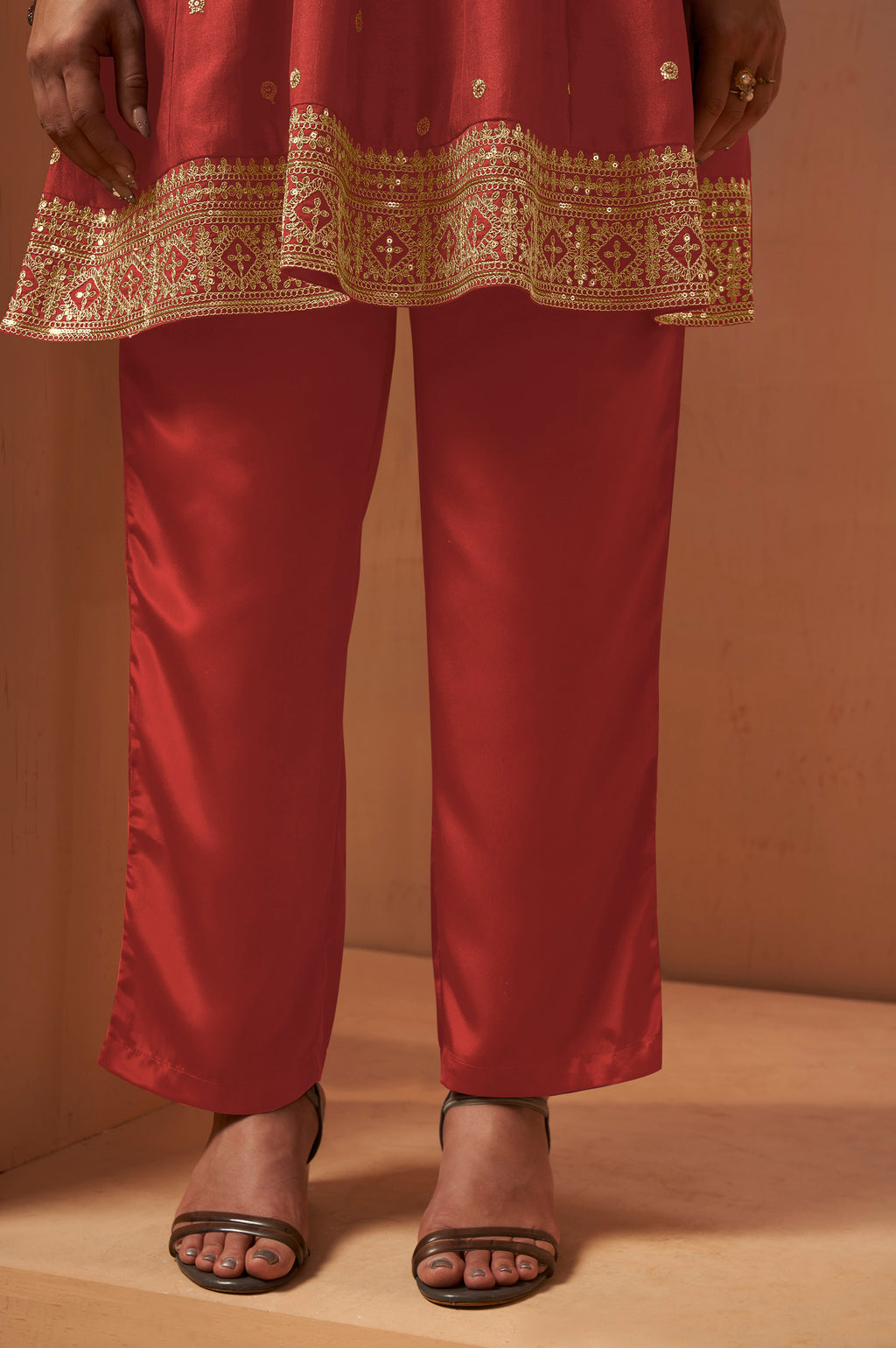 Women's Red Embroidered Vichitra Silk Kurta Set