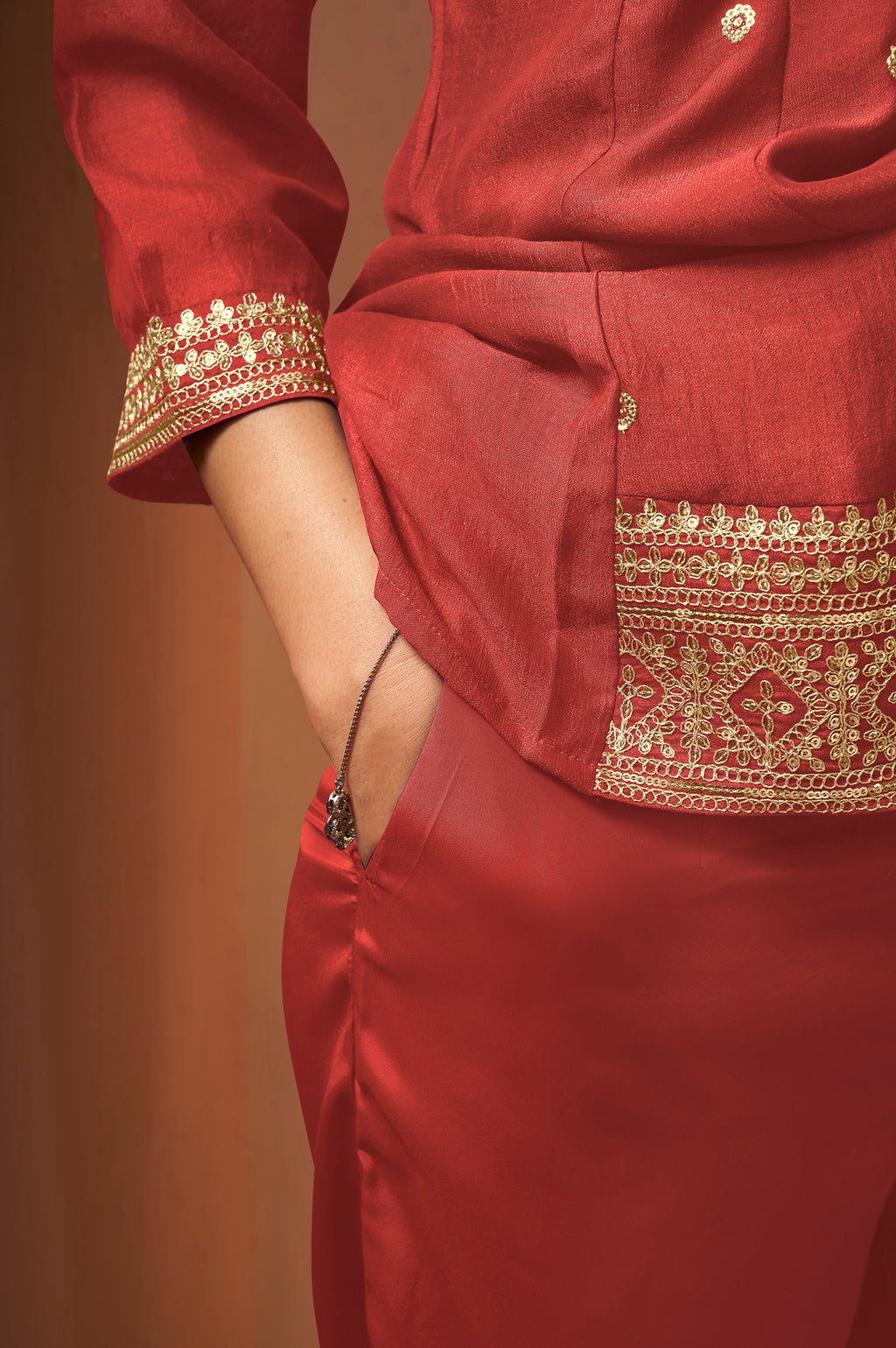 Women's Red Embroidered Vichitra Silk Kurta Set
