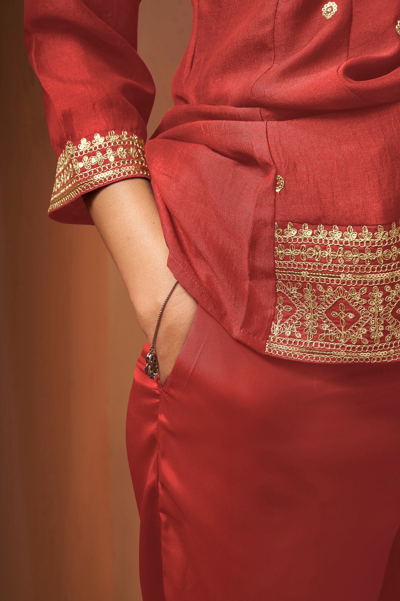 Women's Red Embroidered Vichitra Silk Kurta Set