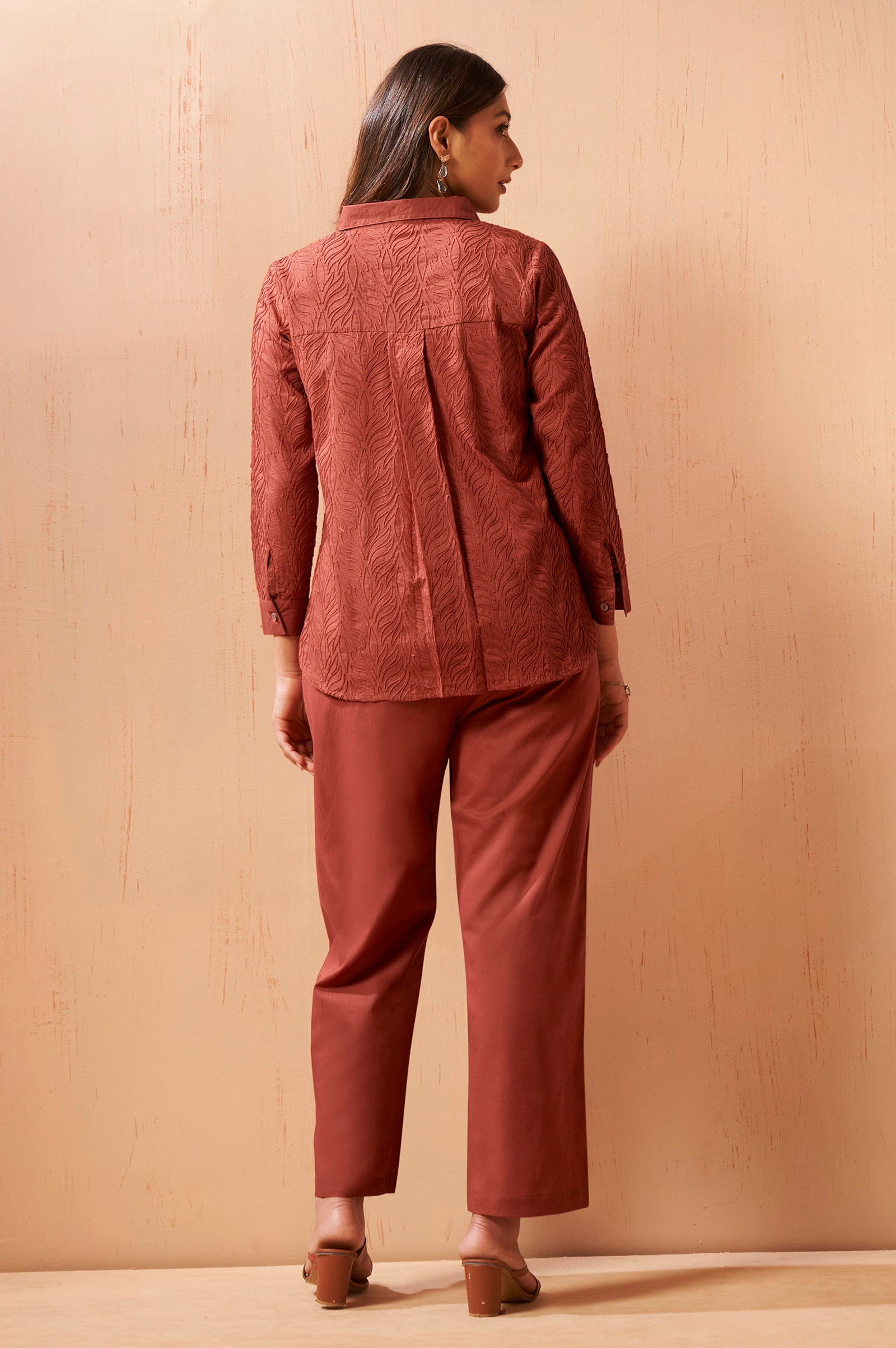 Rust Orange Embroidered Cotton Blend Co-Ord Set