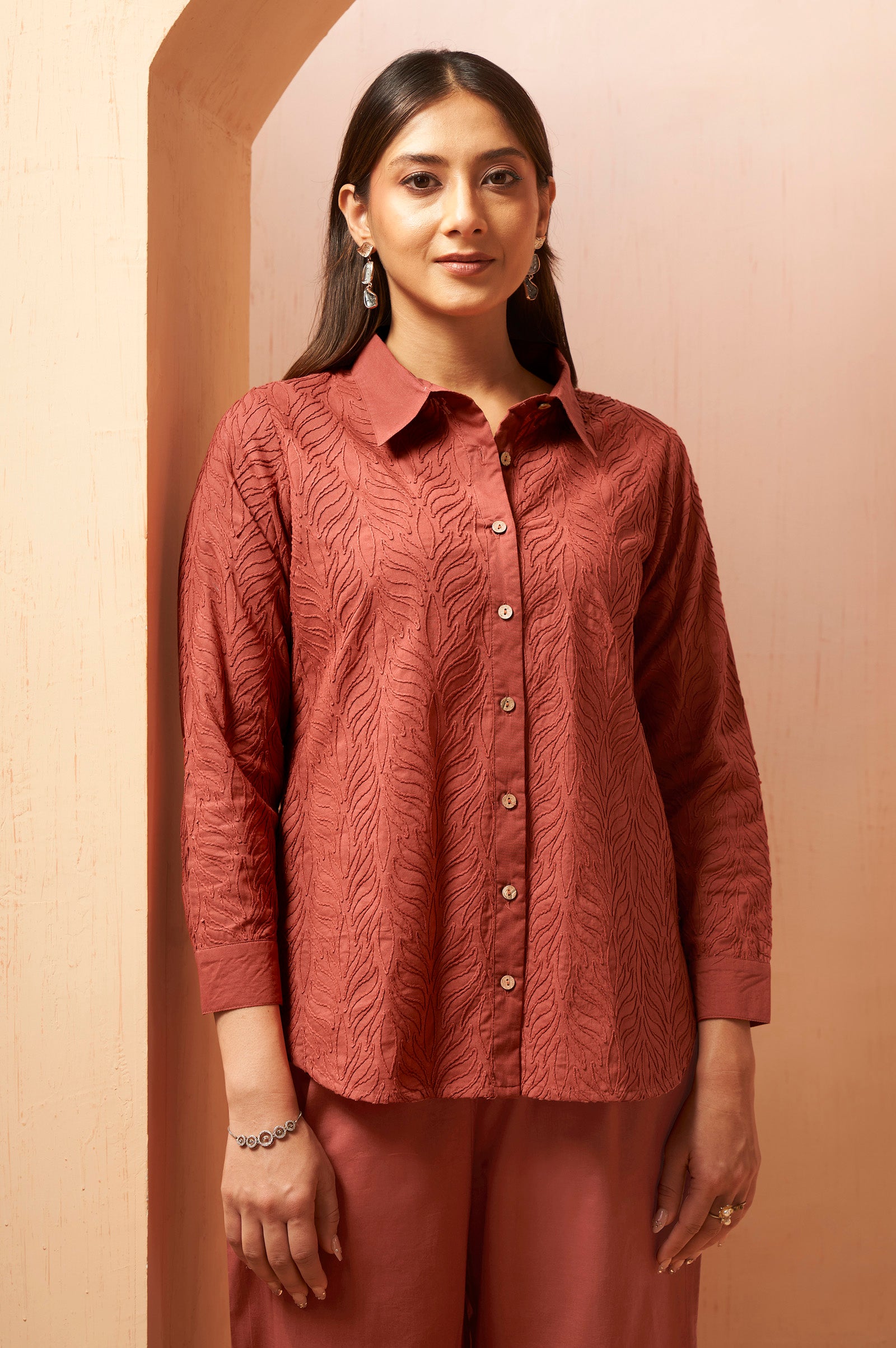 Rust Orange Embroidered Cotton Blend Co-Ord Set