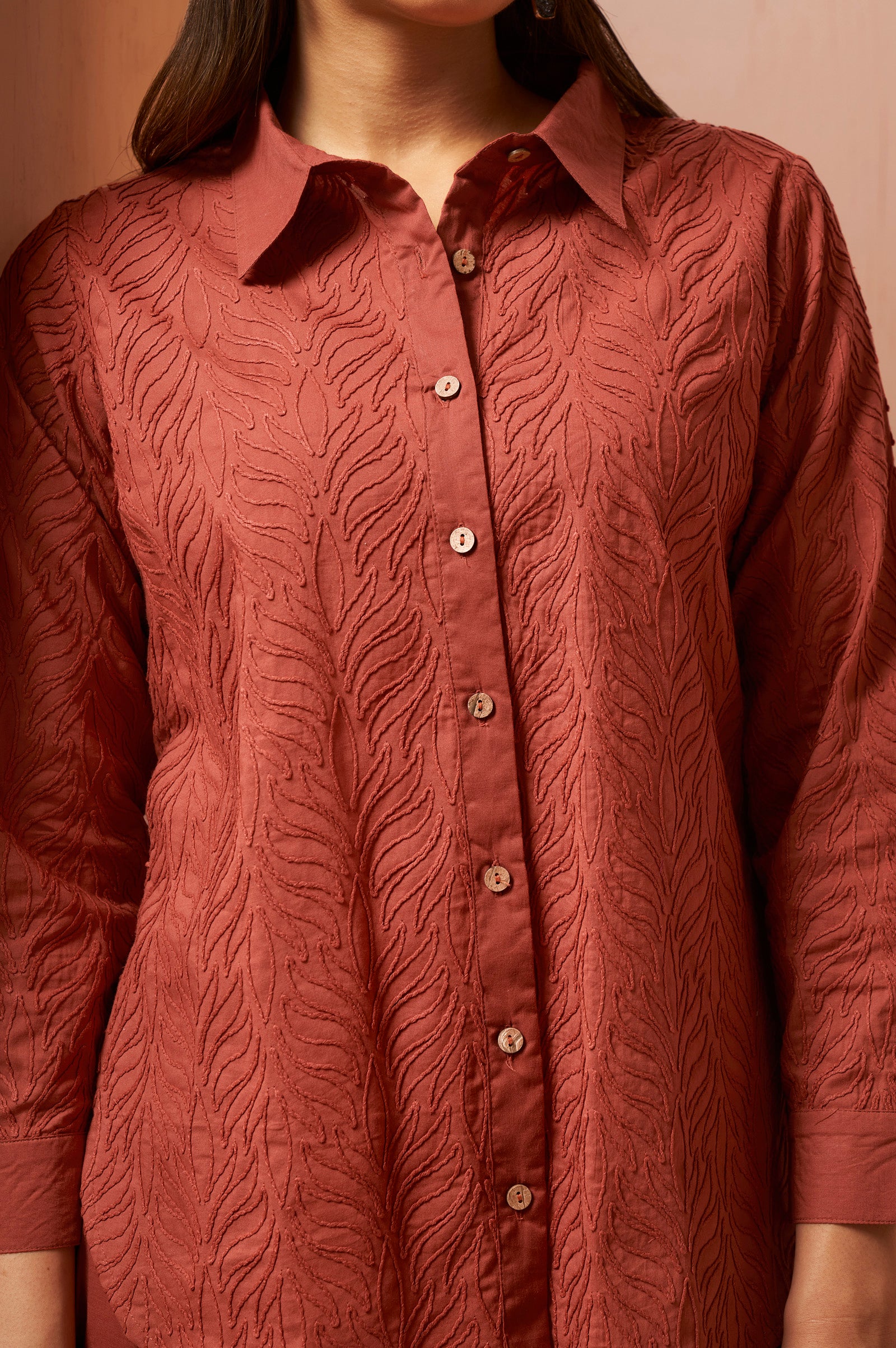 Rust Orange Embroidered Cotton Blend Co-Ord Set