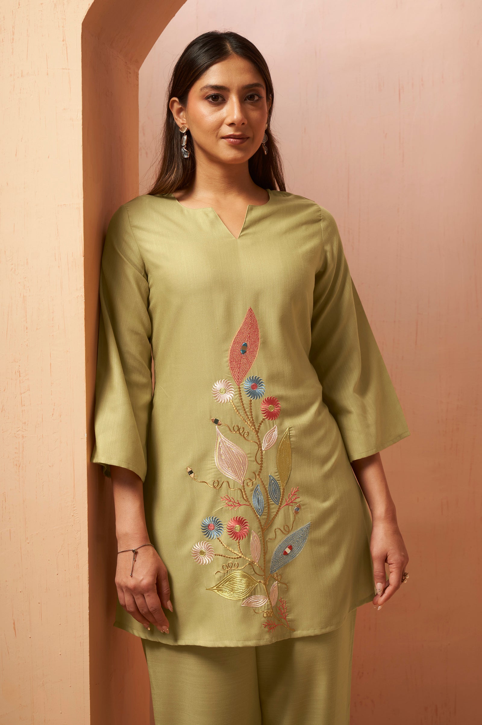 Olive Green Embroidered Mirror Work Co-Ord Set