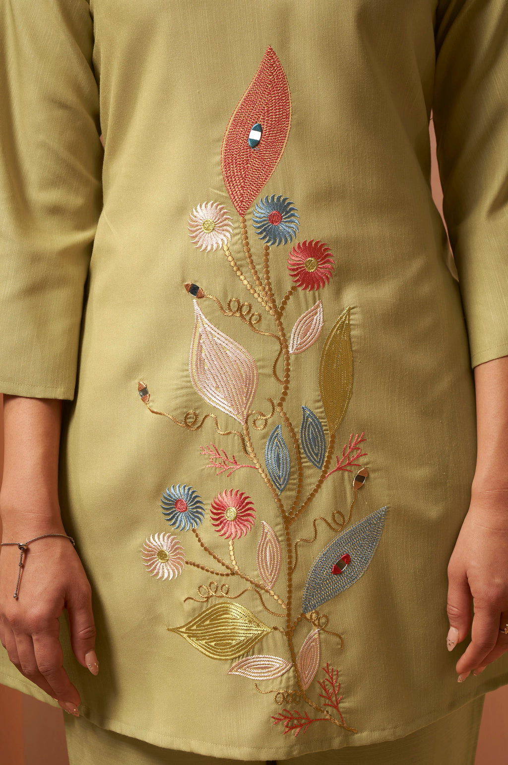 Olive Green Embroidered Mirror Work Co-Ord Set