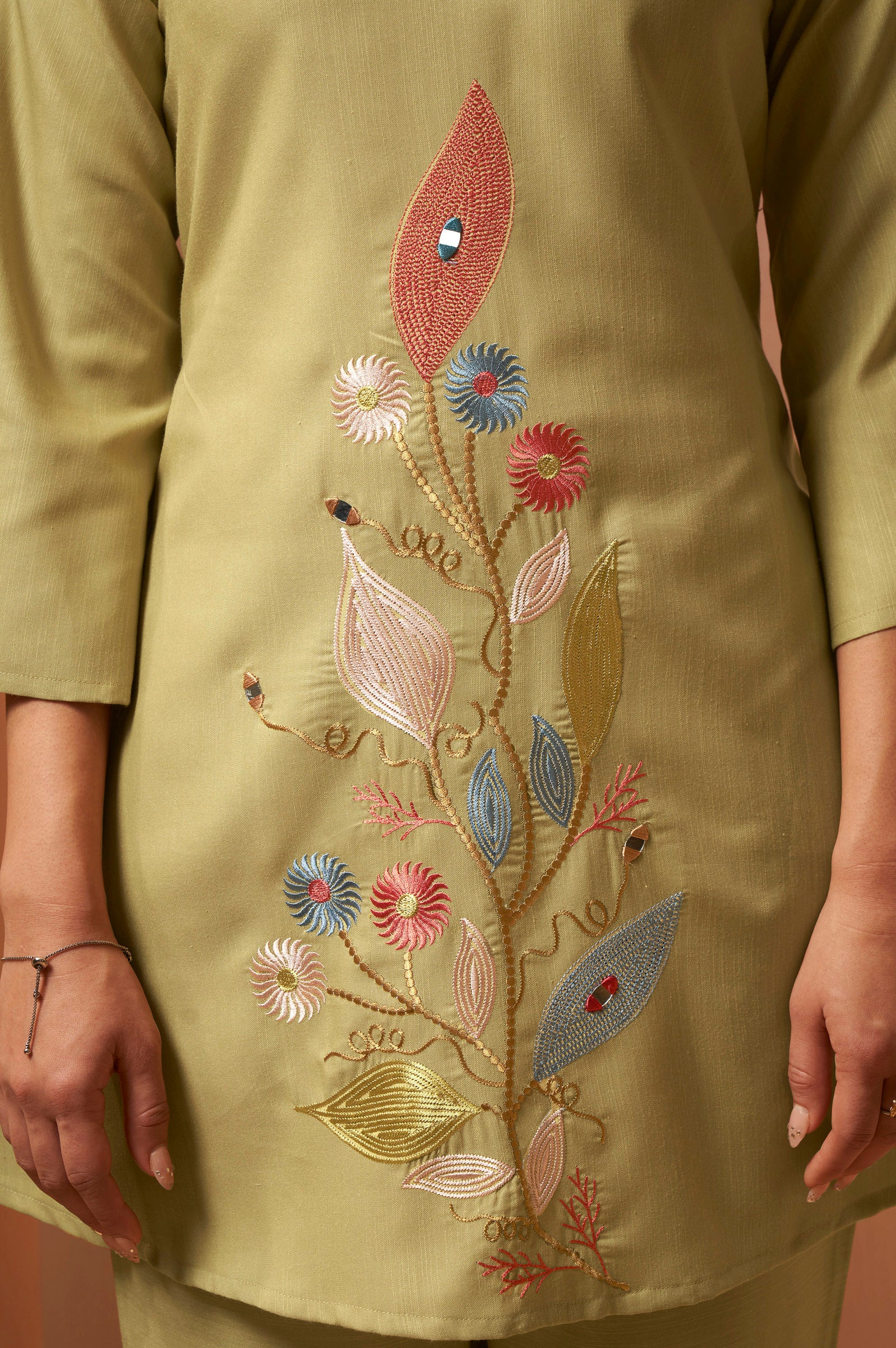 Olive Green Embroidered Mirror Work Co-Ord Set