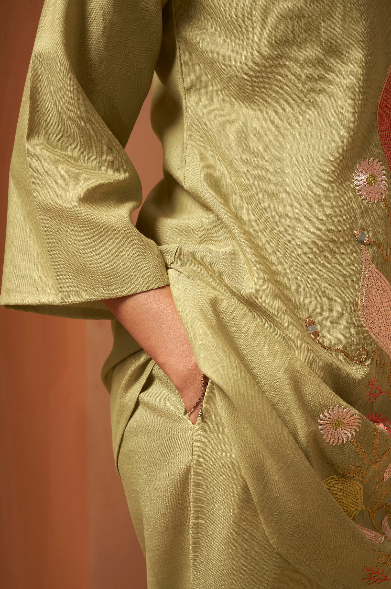 Olive Green Embroidered Mirror Work Co-Ord Set