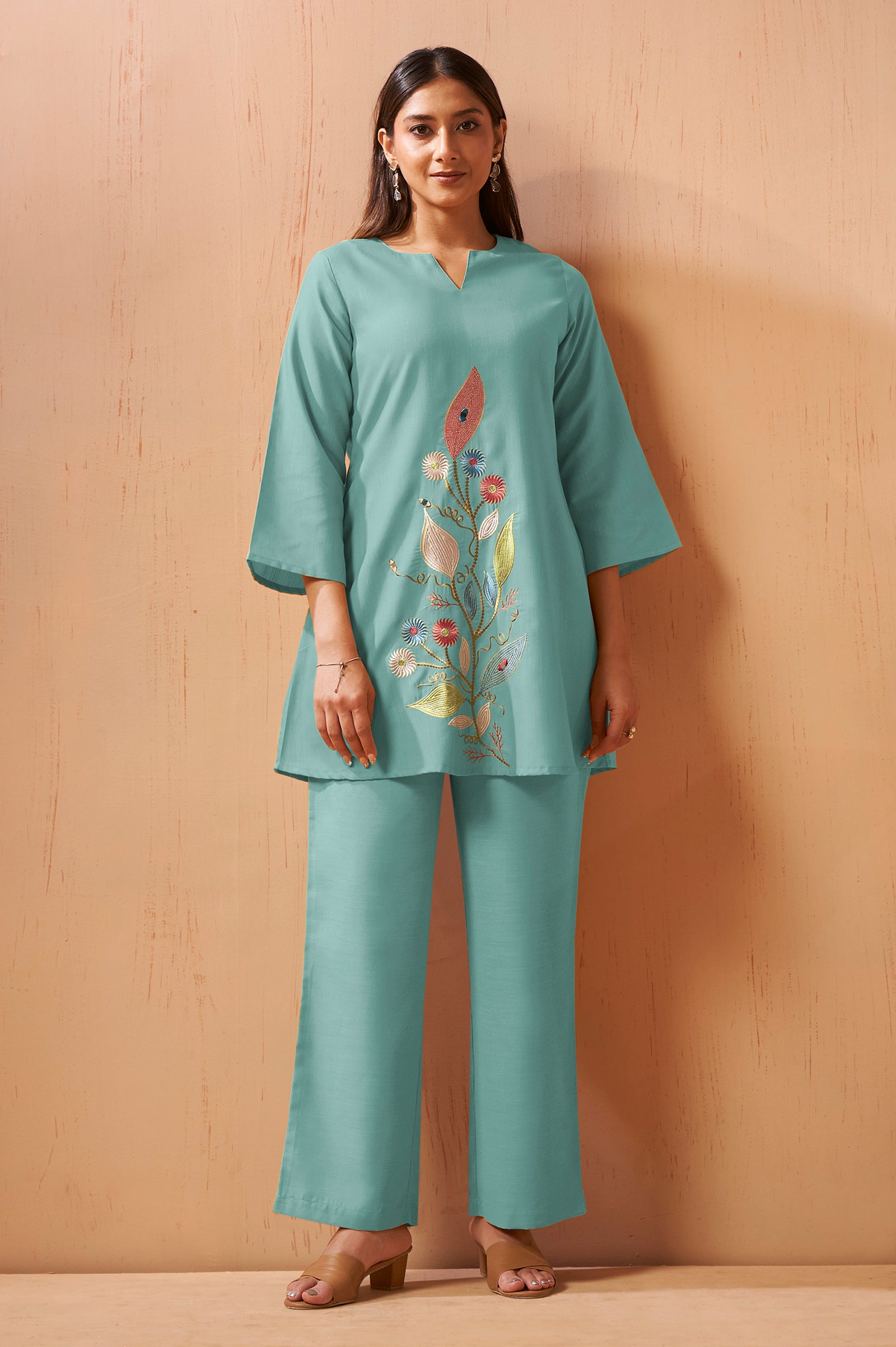Olive Green Embroidered Mirror Work Co-Ord Set