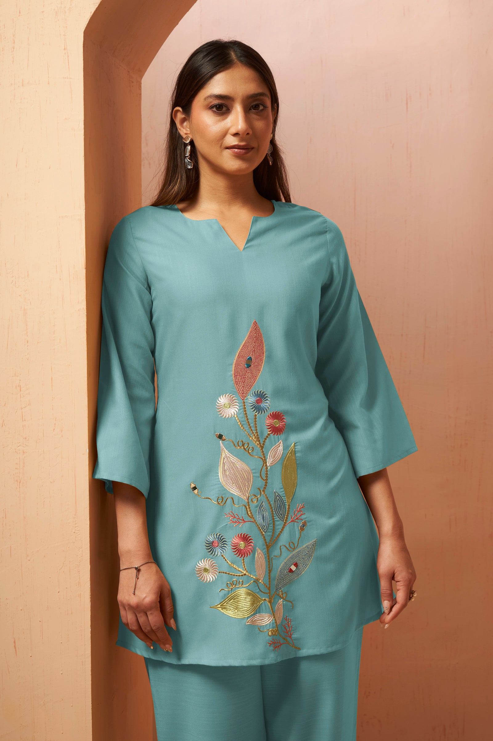 Olive Green Embroidered Mirror Work Co-Ord Set