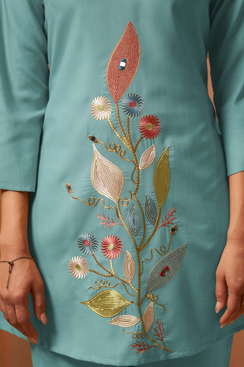 Olive Green Embroidered Mirror Work Co-Ord Set