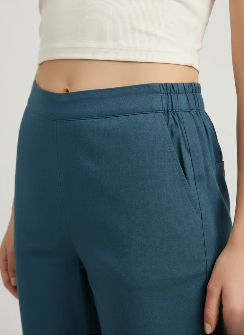 Teal Blue Premium Cotton Straight Pants — Soft Elastic Waist Daily Wear Trousers