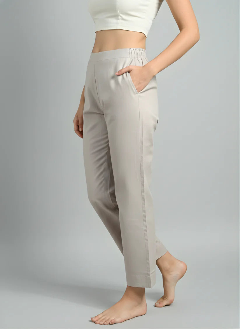 Cream Premium Cotton Ankle-Length Straight Pants — Elegant Everyday Fit
