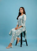 Steel Blue Rose Garden Pure Cotton Kurta & Pant Set