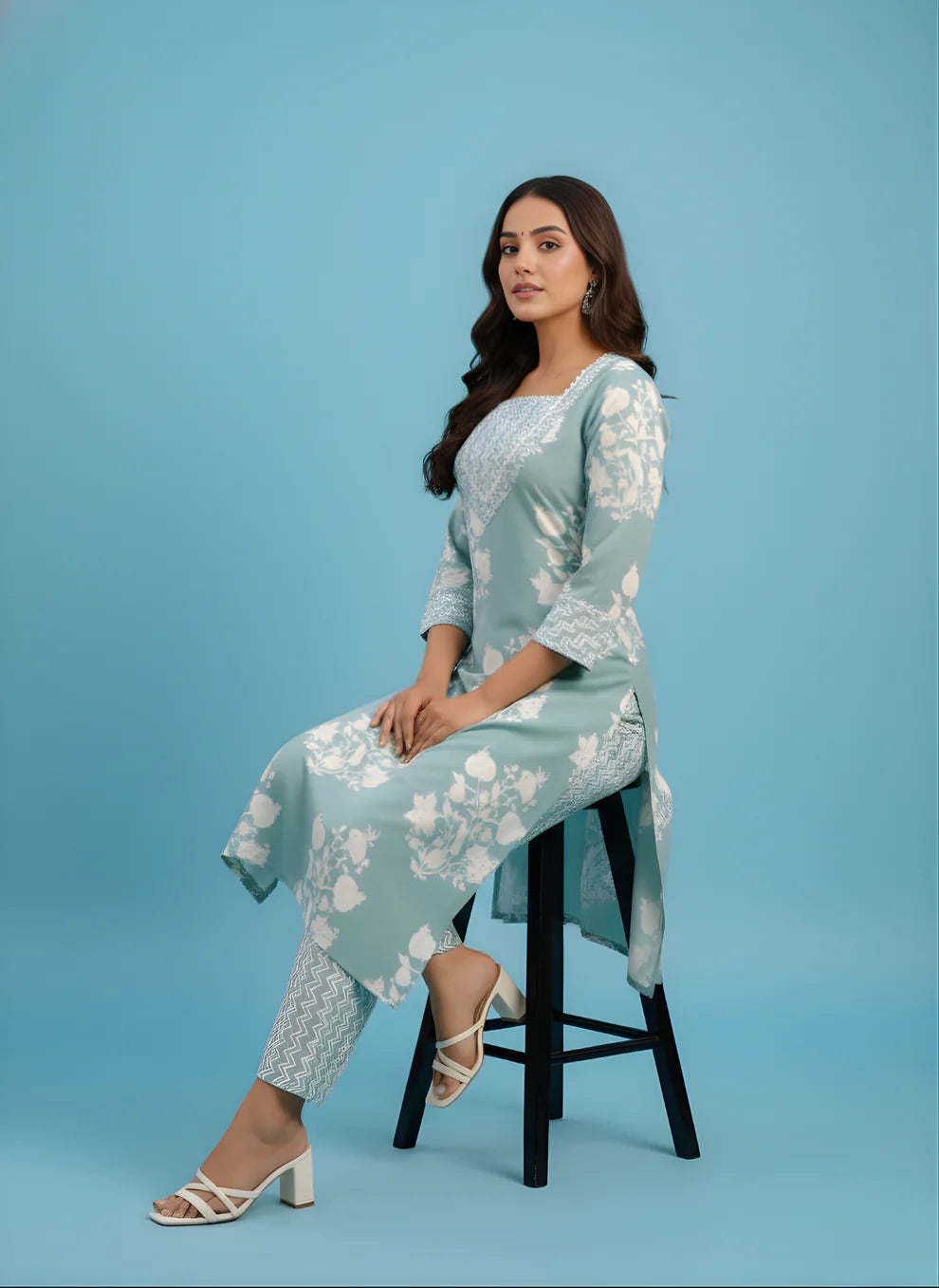 Steel Blue Rose Garden Pure Cotton Kurta & Pant Set