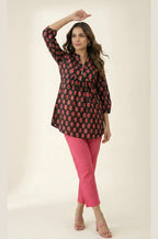 Black Pure Cotton Floral Booti Gathered Top with Mandarin Neck & Three-Quarter Sleeves