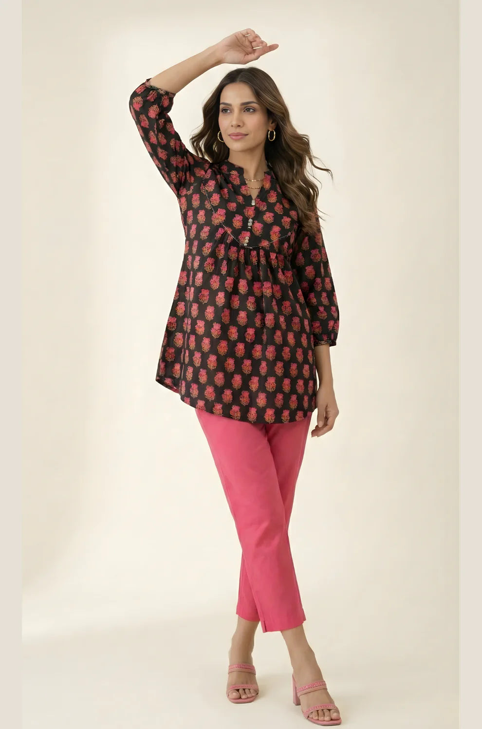 Black Pure Cotton Floral Booti Gathered Top with Mandarin Neck & Three-Quarter Sleeves