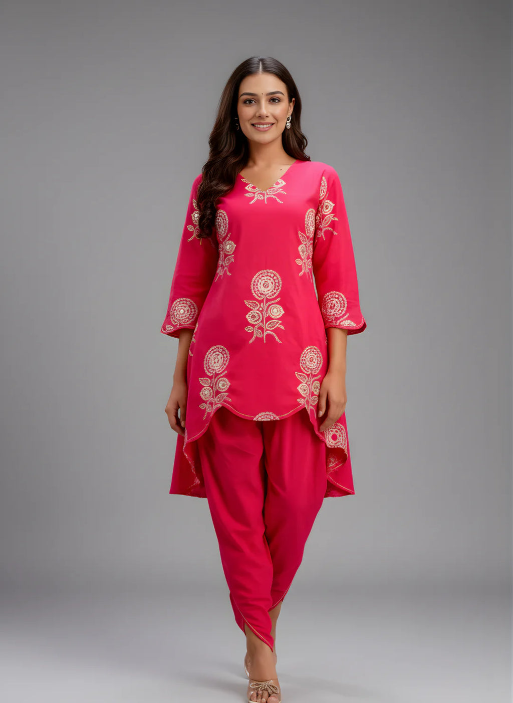 Designer Pink Co-ord Set with Tulip Pants & White Floral Embroidery