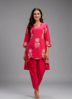 Designer Pink Co-ord Set with Tulip Pants & White Floral Embroidery